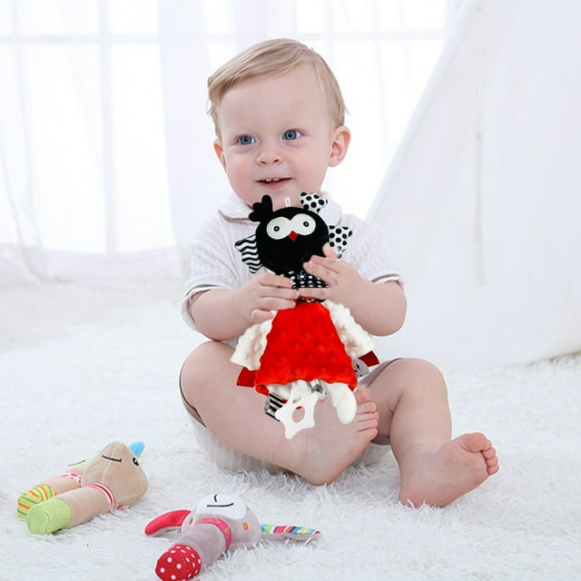 Manta de seguridad para bebé de alto contraste con sonido de tintineo y crujido | Peluche sensorial suave para recién nacidos y bebés | Manta de estimulación visual en blanco y negro