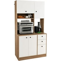 LOKO 71” Tall Kitchen Pantry Storage Cabinet, Freestanding Buffet Hutch with Doors, Adjustable Shelves, 3 Drawers and Microwave Stand, Kitchen Hutch for Dining Room, Living Room (White & Natural)