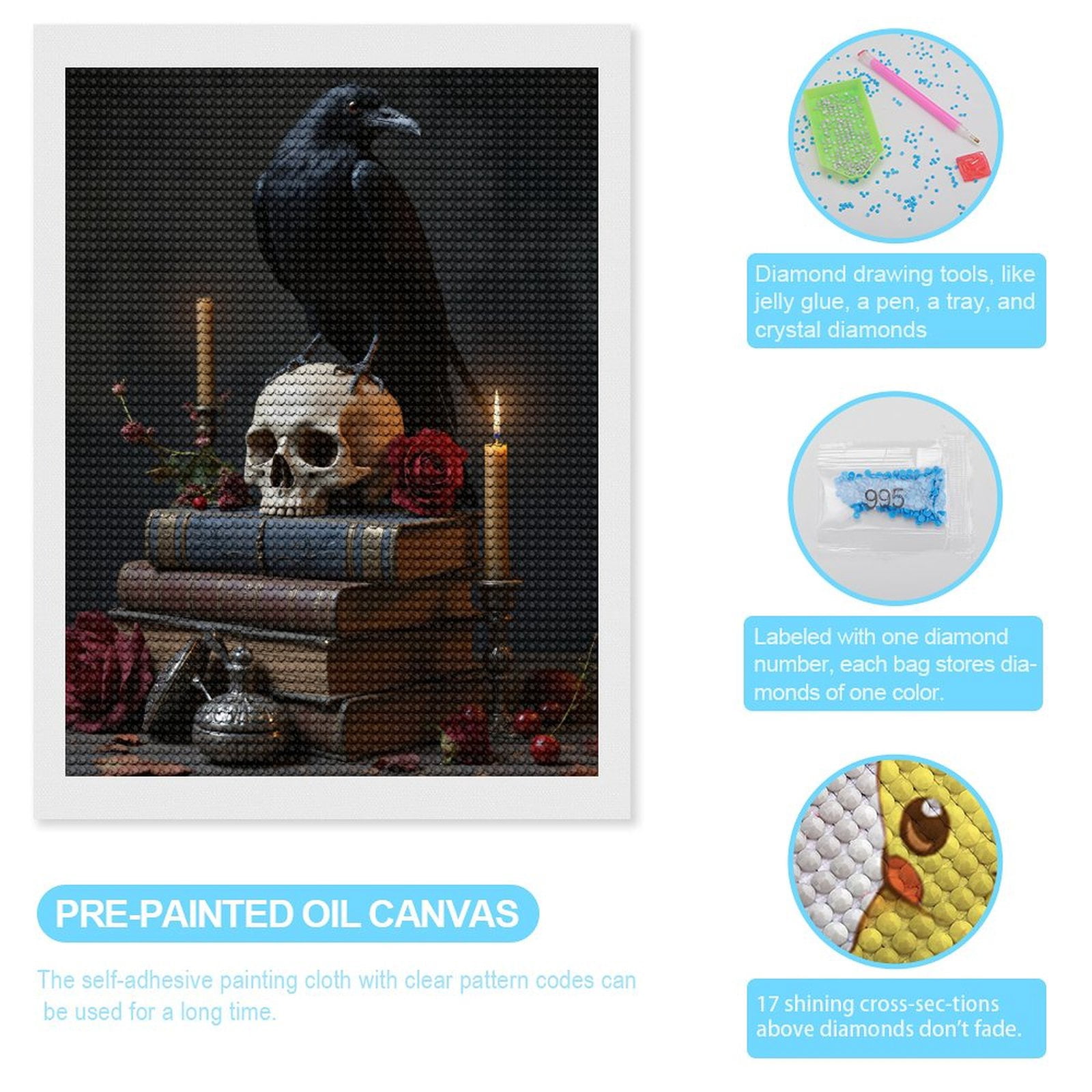 Diamond Art Kits for Adults, Raven Skull Books Candle Roses 5D Diamond Painting Kits for Adults Beginners, DIY Full Drill Diamond Painting, Gem Art and Crafts 12x16