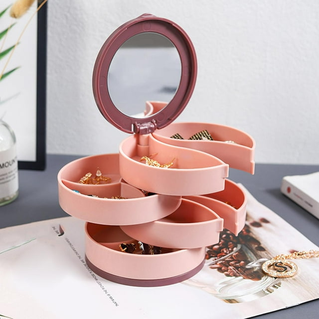 Organizador de joyas Salvador Caja de almacenamiento de pendientes 4 capas giratorio Rosa con espejo