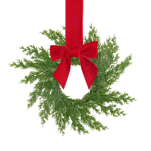 10.6-Inch autumn wreath Wreath with Deep Red Velvet Bow, Small Artificial Evergreen Cabinet Wreath for Kitchen, Window, Front Door, Mantel and Farmhouse Holiday Decor