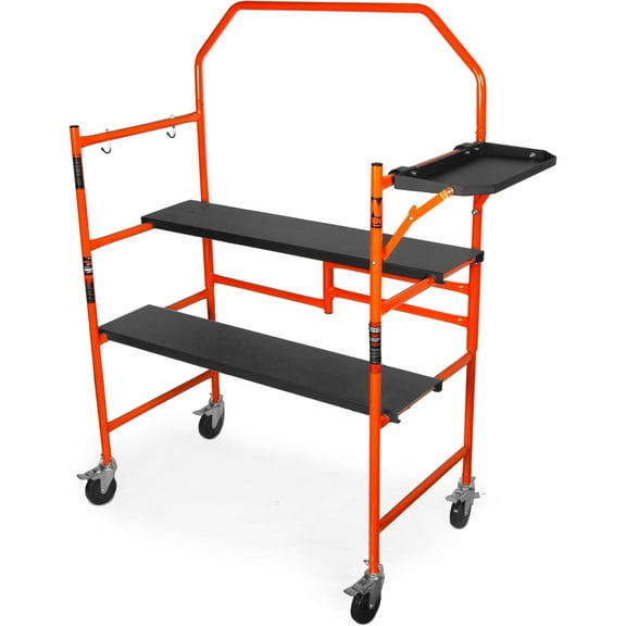 WEN 4-Foot Portable Rolling Scaffolding, 500-Pound-Capacity with Foldable Design, Safety Rail and Tool Shelf (31107)