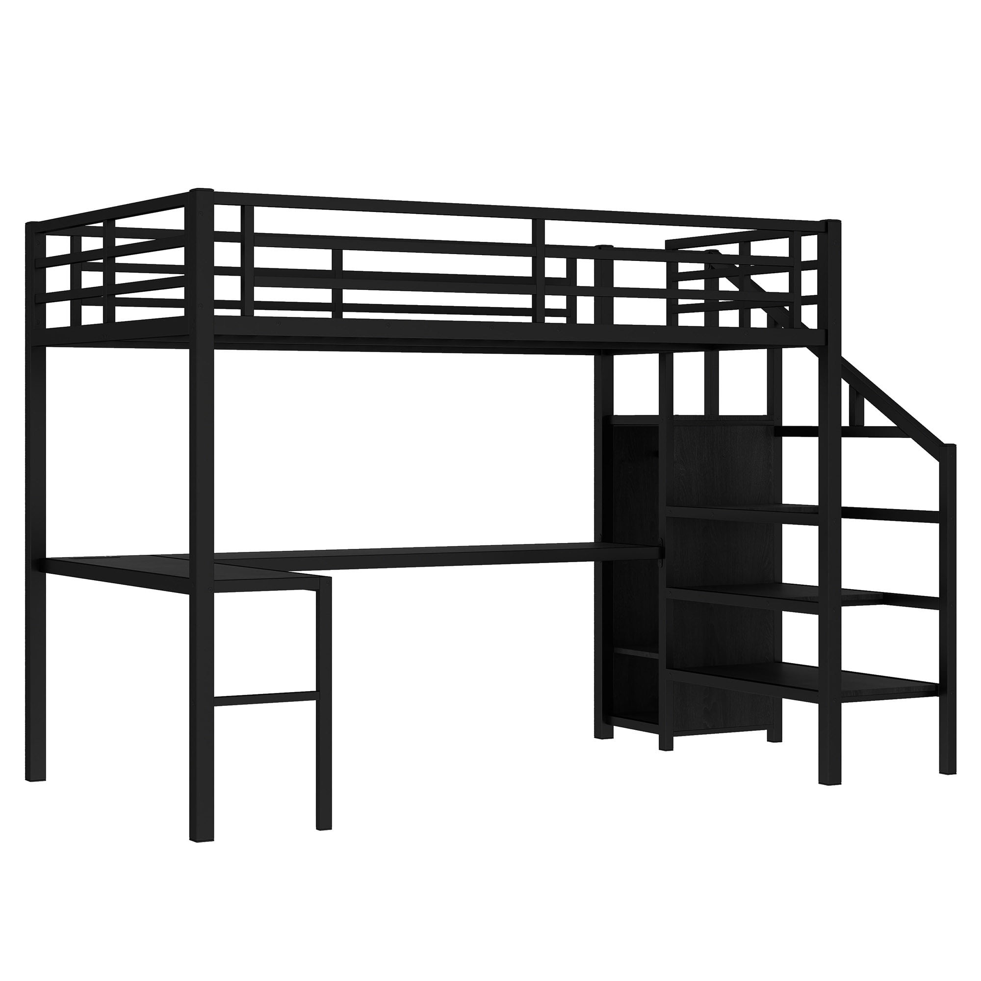 Full Size Loft Bed with L-shaped Desk and USB,Heavy Duty Metal Loft Bed with Wardrobe and Adjustable Shelf,High Loft Bed with LED for Kids Teens Adults, Black