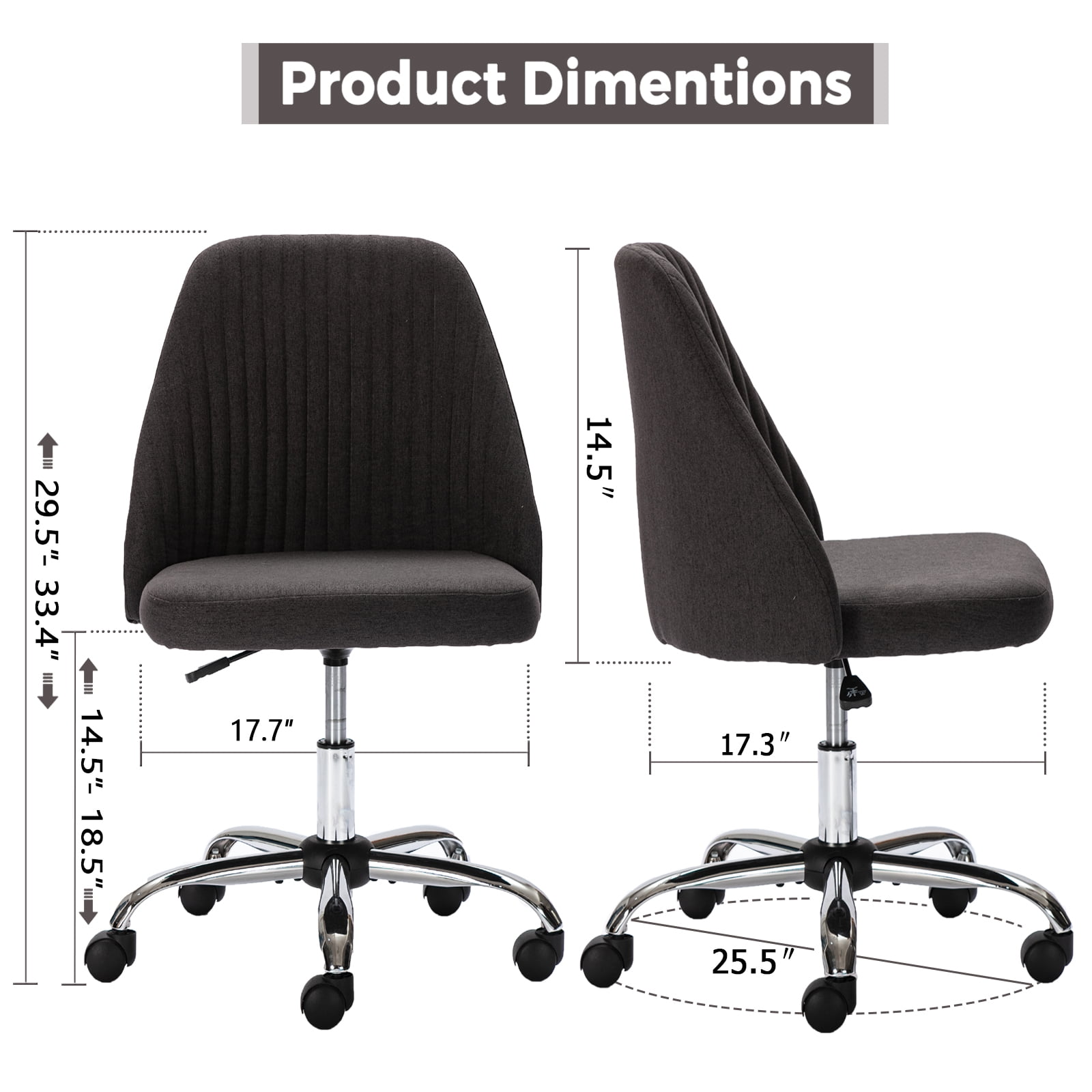 edx Vanity Chair, Armless Desk Chair with Wheels, Adjustable Swivel Fabric Makeup Chair, Comfortable Home Office Task Computer Chair, Dark Gray