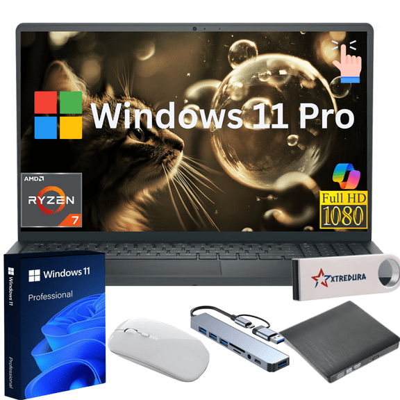 Dell Inspiron 15 3535 Full HD Touch Laptop, AMD Ryzen 7 7730U (Beats i7-1250U), 8GB RAM, 256GB SSD, Windows 11 Pro with Copilot AI Ready, Gift Bundle