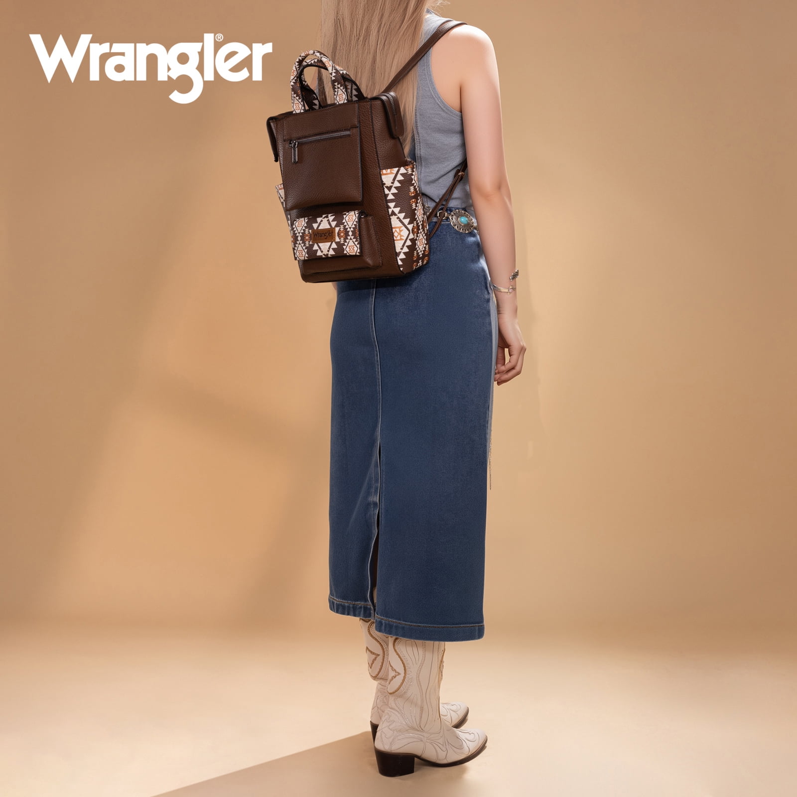Wrangler Aztec Women Backpack Purse Convertible Fashion Ladies Anti Theft with Adjustable Strap, Dark Coffee