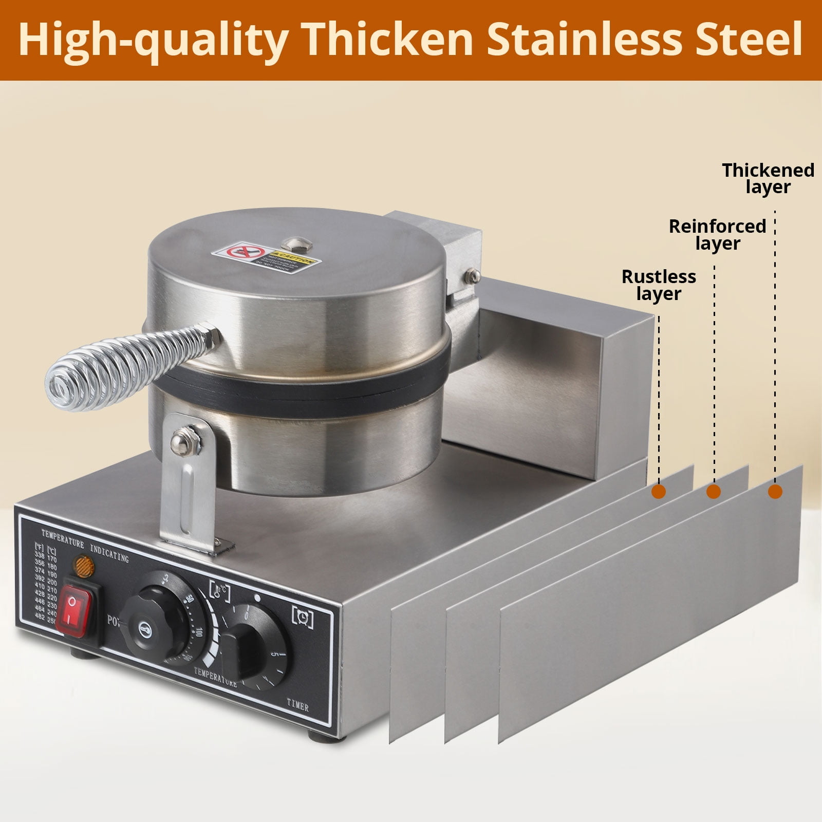 Roromall 110V Commercial Waffle Maker, 1300W Round Waffle Iron, Non-Stick Rotatable Waffle Baker Machine, 50°C-300°C Temp Range, Stainless Steel Round Commercial Waffle Maker for Restaurant