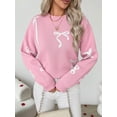 thumbnail image 6 of Women's Crew Neck Bow Jacquard Knit Sweater, Drop Shoulder Long Sleeve Loose Pullover Top for Christmas Holiday, 6 of 7