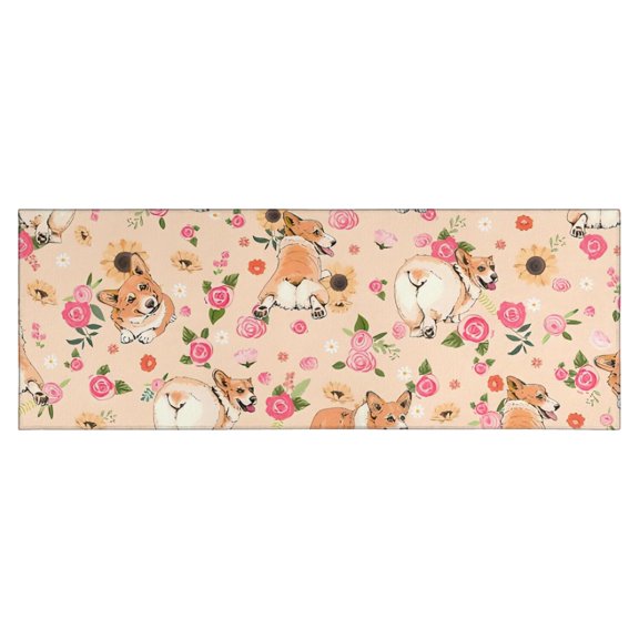 Corgi Dog and Flower Florals Kitchen Rug Mat,Kitchen Runner Rugs Non Skid Washable,Decorative Kitchen Floor Mats for Kitchen,Sink,Laundry,17"X47"