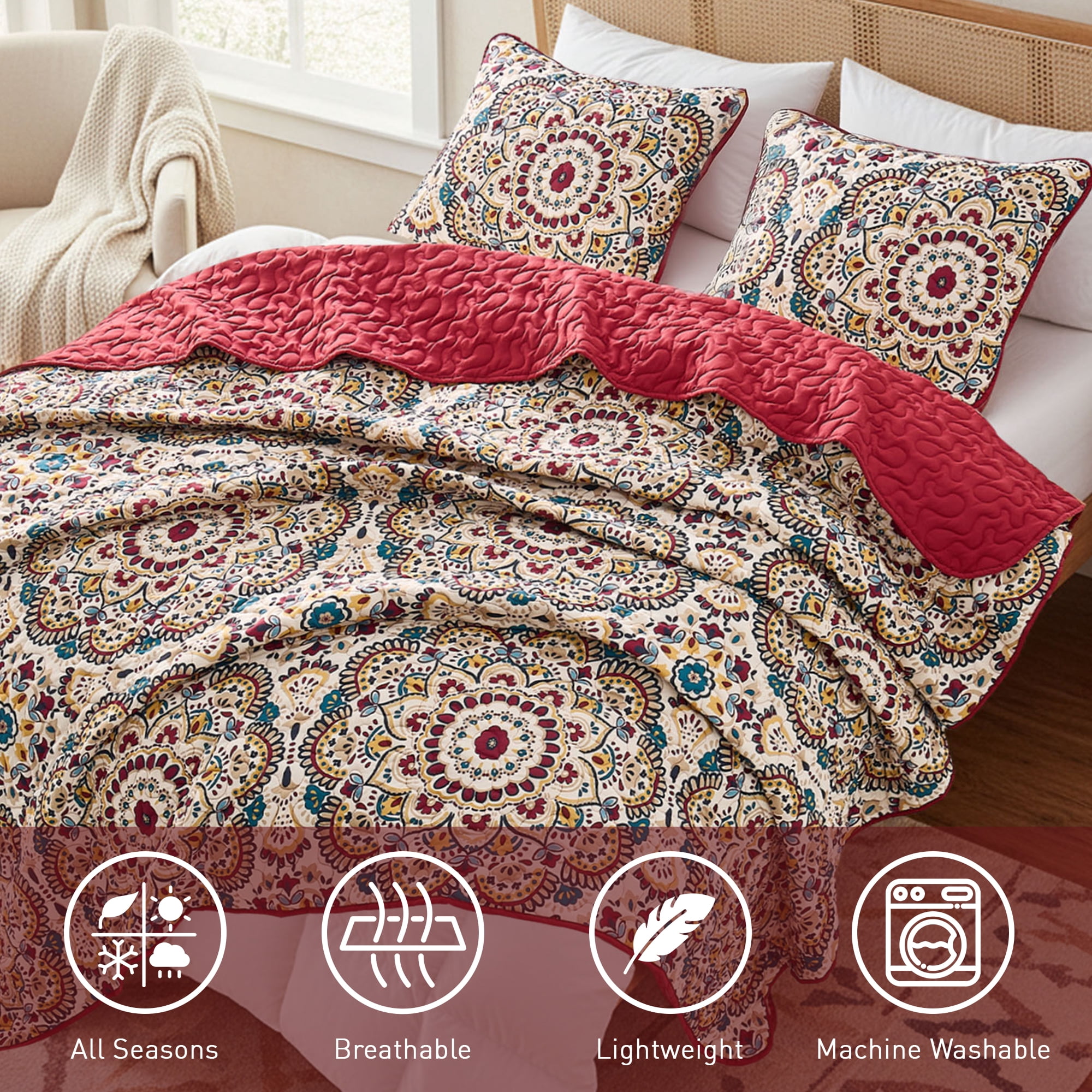Regency Heights Twin/Twin Quilt Set, 3-Piece Reversible Bedspread Coverlet Set, Red Quilted Bedding Set with Shams for All Season