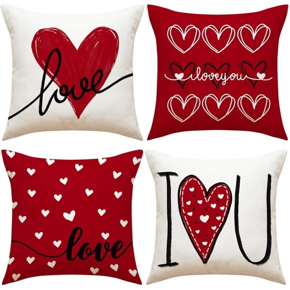 Fundas de cojín para San Valentín, fundas de cojín decorativas para el hogar, sillón, 4 piezas, 45 x 45 cm, rojo con corazón, decoración H