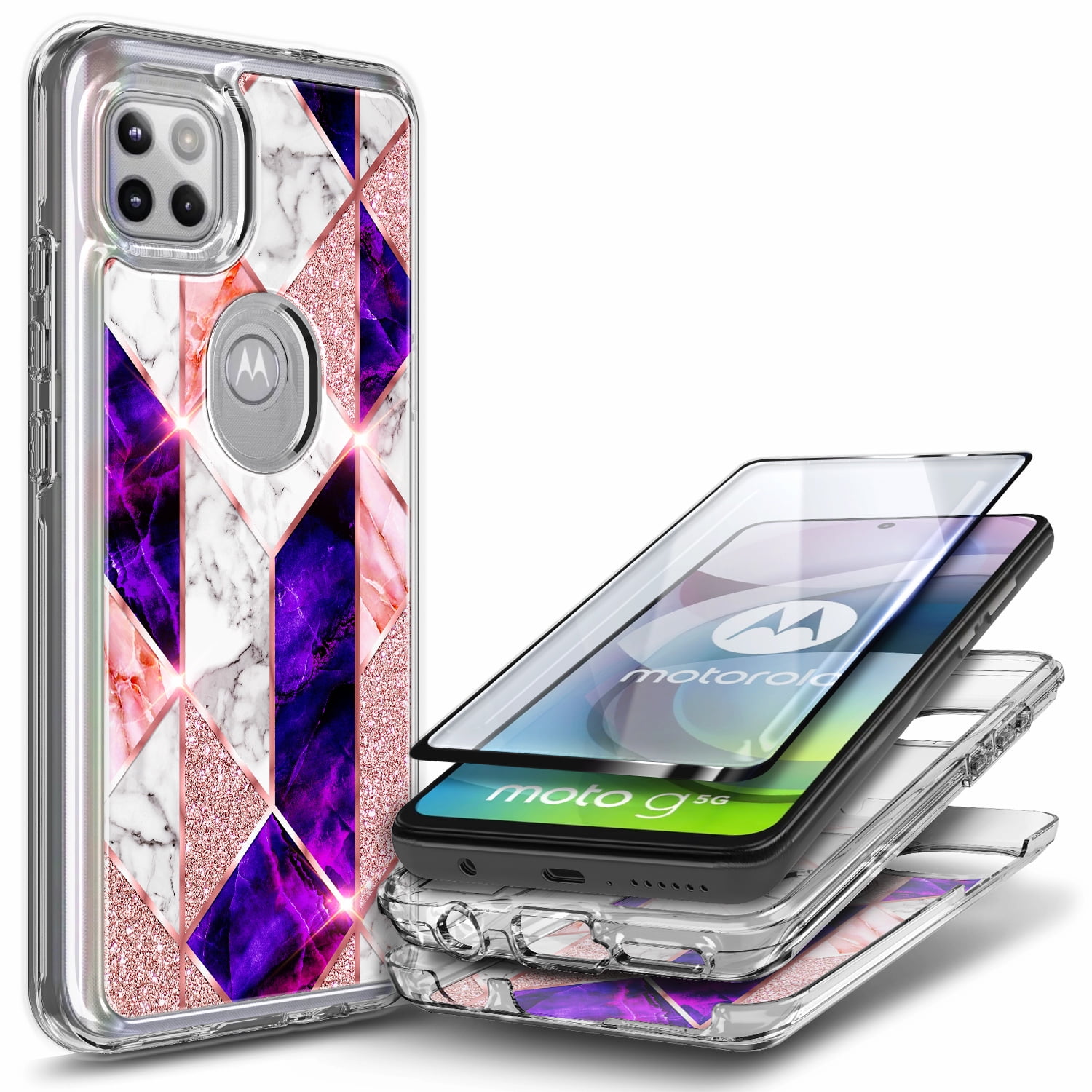 Nagebee Case for Motorola One 5G Ace / Moto G 5G with Tempered Glass Screen Protector (Full Coverage), Glossy Stylish Finish, Shockproof Protective Hybrid Bumper Case (Marble Series Rose Gold)