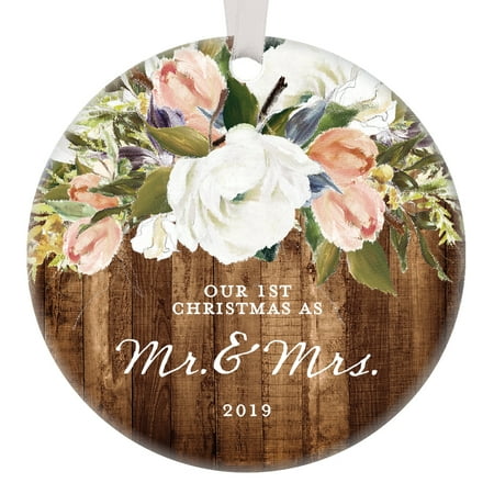 Christmas Day 2019 Rustic Newlyweds Christmas Ornament, 2019 First Christmas as Mr & Mrs Gift for Couple Wedding Day Farmhouse Floral Present 3
