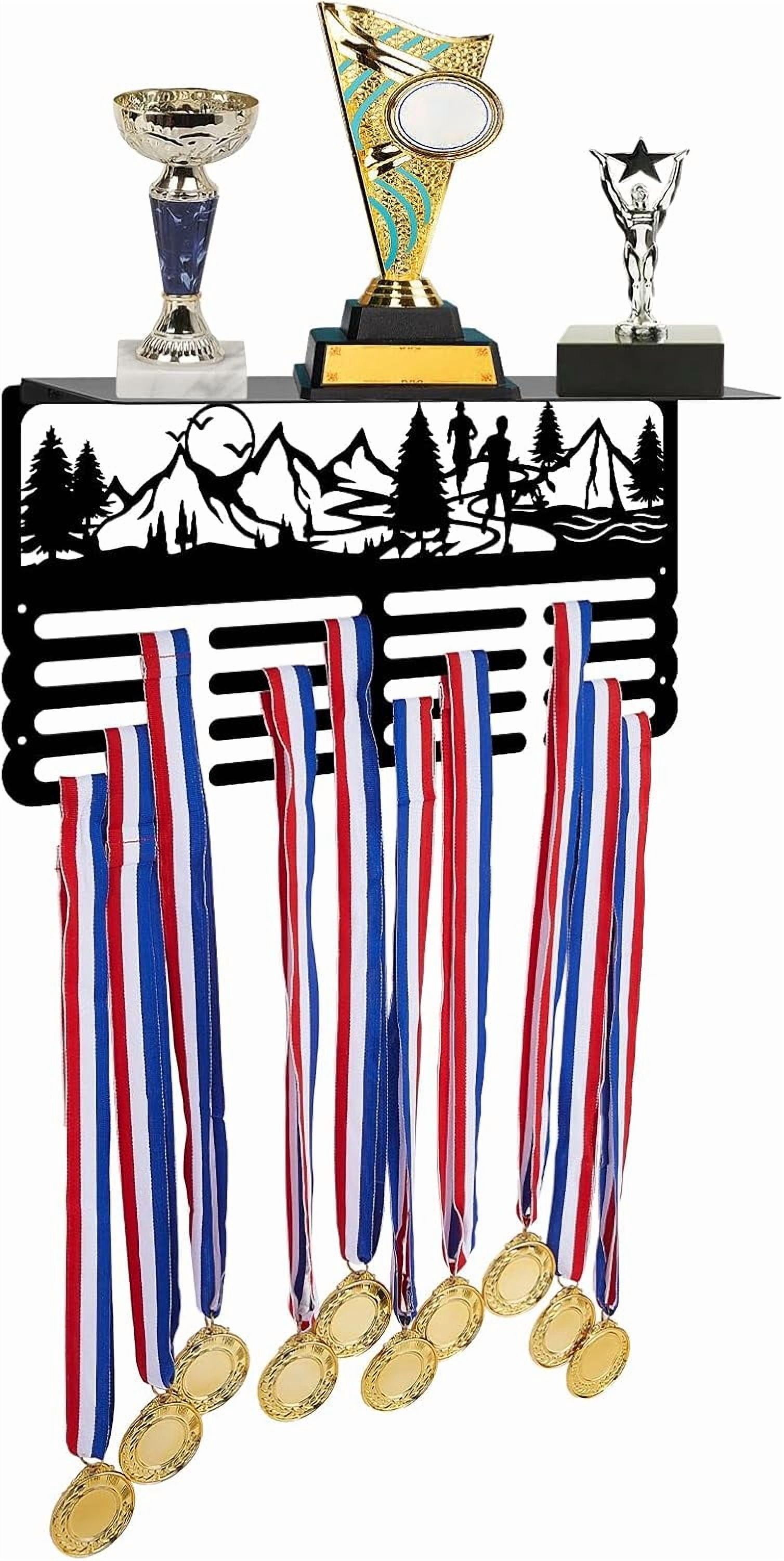 Running Medal Trophy Hanger Rack Mountain Run Medal Holder Display with Trophy Shelf Metal Medal Hanger Display with Shelf Stand for Running Awards Storage Athletes Gifts