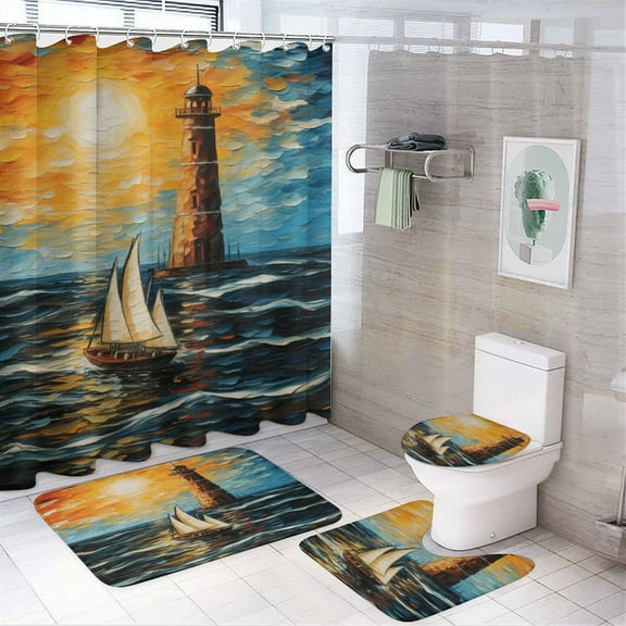 Lighthouse Coast Scenery 4 Piece Shower Curtain Sets, Non-Slip Rugs, Toilet Lid Cover And Bath Mat, for Bathroom Decor Set, 72" X 72"