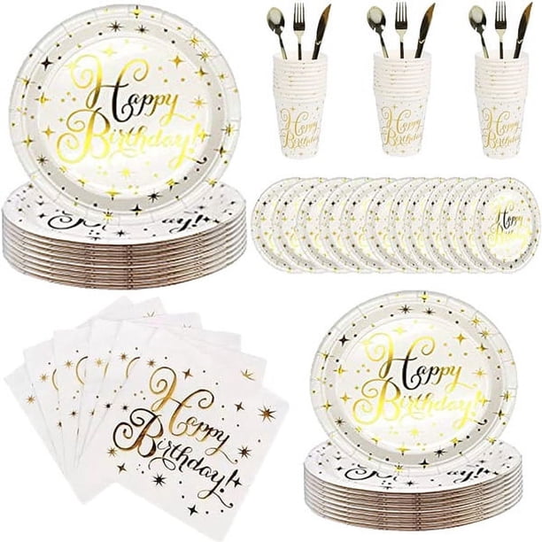 112PCS Platos de papel de feliz cumpleaños dorado bronceado Paquete de suministros para fiestas Juego de vajilla desechable para niños Sirve 16 invitados Incluye platos; Tazas; Servilletas;