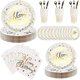 thumbnail image 1 of 112PCS Platos de papel de feliz cumpleaños dorado bronceado Paquete de suministros para fiestas Juego de vajilla desechable para niños Sirve 16 invitados Incluye platos; Tazas; Servilletas;, 1 of 6