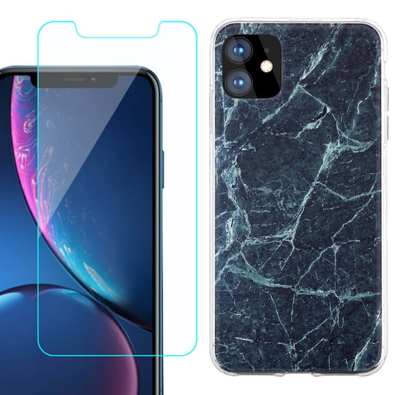 For Apple iPhone 11 Case , Slim-Fit TPU Protective Phone Case with Tempered Glass Screen Protector, by OneToughShield ® - Marble / Blue