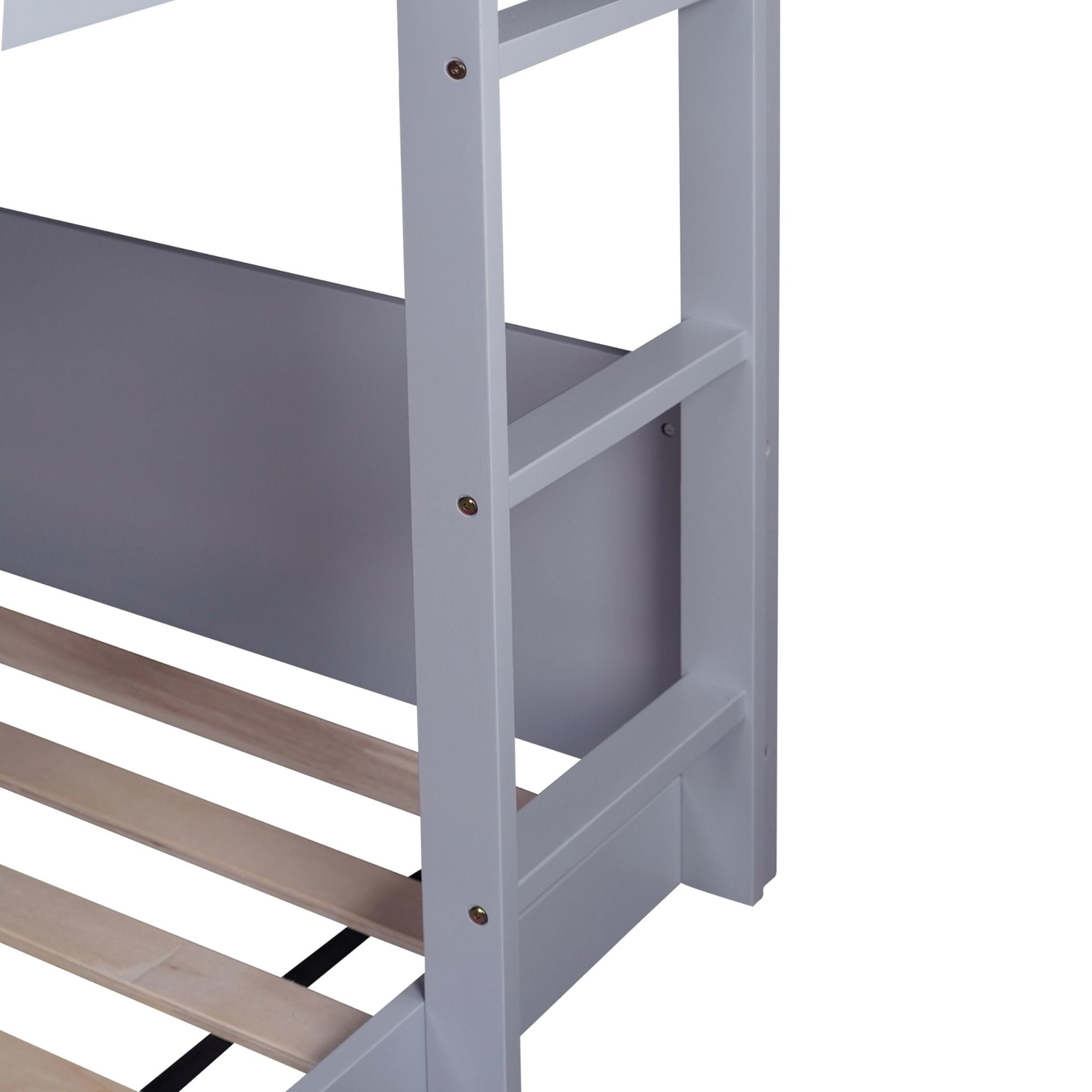 Noble House Twin Over Twin House Floor Bunk Bed, Rubber Wood Frame with Headboards, Guardrails & Ladder, Light Grey