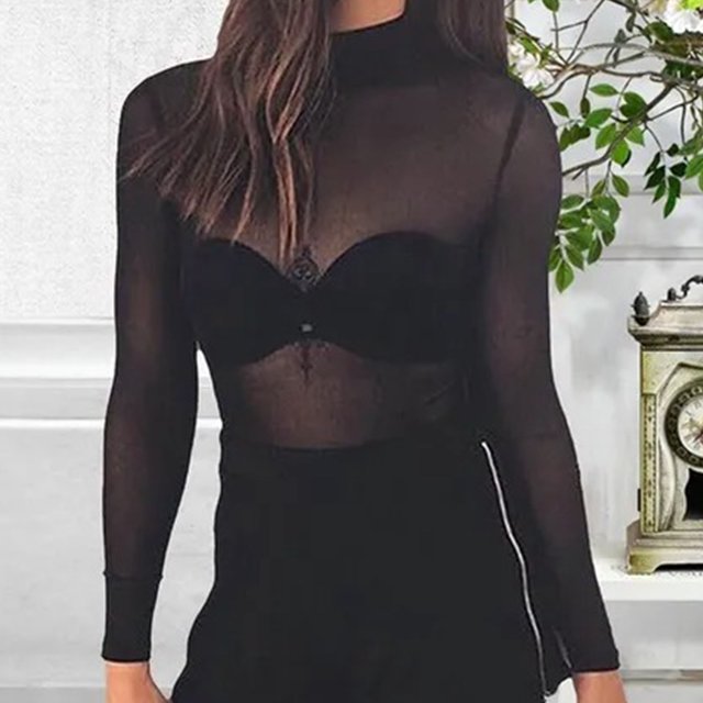 Ver a través de la parte superior Slim Fit Negro Transpirable Elástico Moda Top de malla para fiesta en la playa ANGGREK Otros