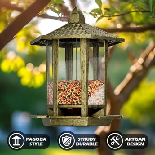 2 Pack Bird Feeders for Outdoor, Retro Pagoda Design Fun Installation Bird Feeder, Attracting Wild Birds Chickadees Goldfinches Cardinals Finches and Sparrows - Retro Gold