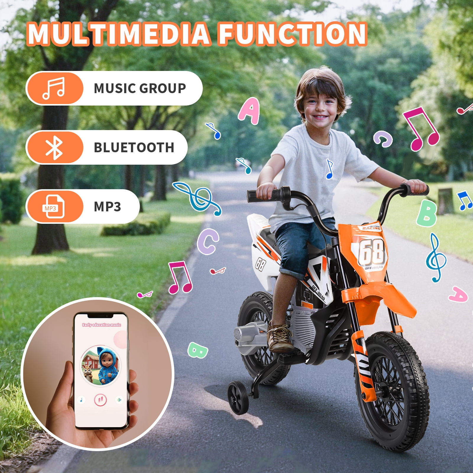 Funcid 12V Electric Dirt Bike with Twist Grip Throttle, Ride on Motorcycle with 2 Training Wheels, Suitable for Ages 3-8, Bluetooth, MP3, Dual Motors, Spring Suspension