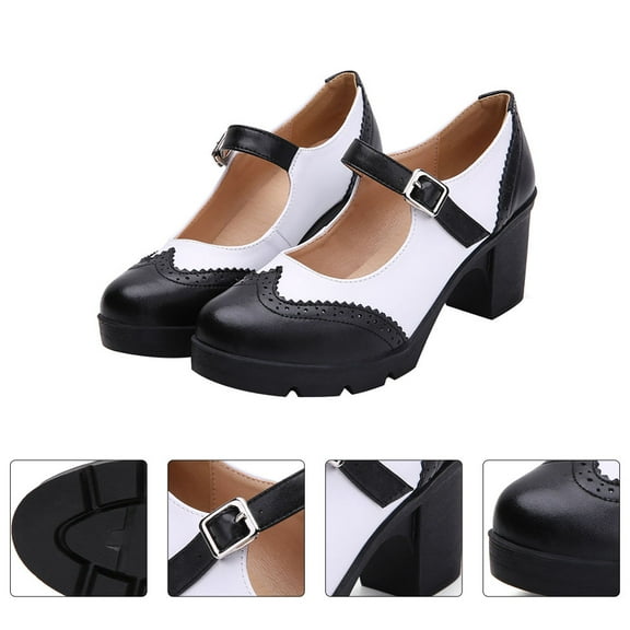 HOMEMAXS 1 Pair Lady's Platform Chunky Heels Round-toe Strap Buckle Shoes Black White
