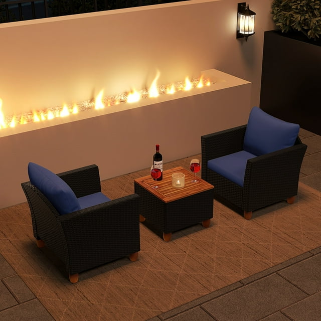 Costway Ensemble de Mobilier de Patio en Rotin 3 Pcs Canapé Coussiné Table de Rangement Dessus en Bois Bleu Marine