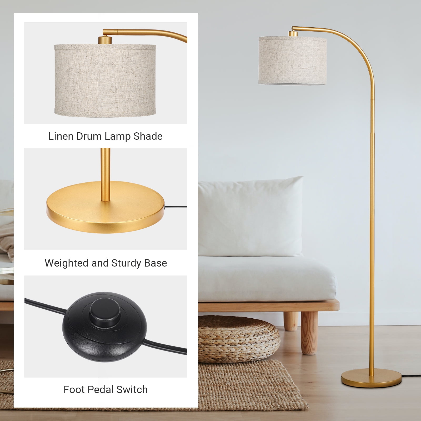 DEWENWILS 63.4-Inch Modern Arc Gold Floor Lamps for Living Room, Metal Standing Lamp with Foot Switch for Bedroom, Office, Decor, Lighting, Adjustable Lampshade