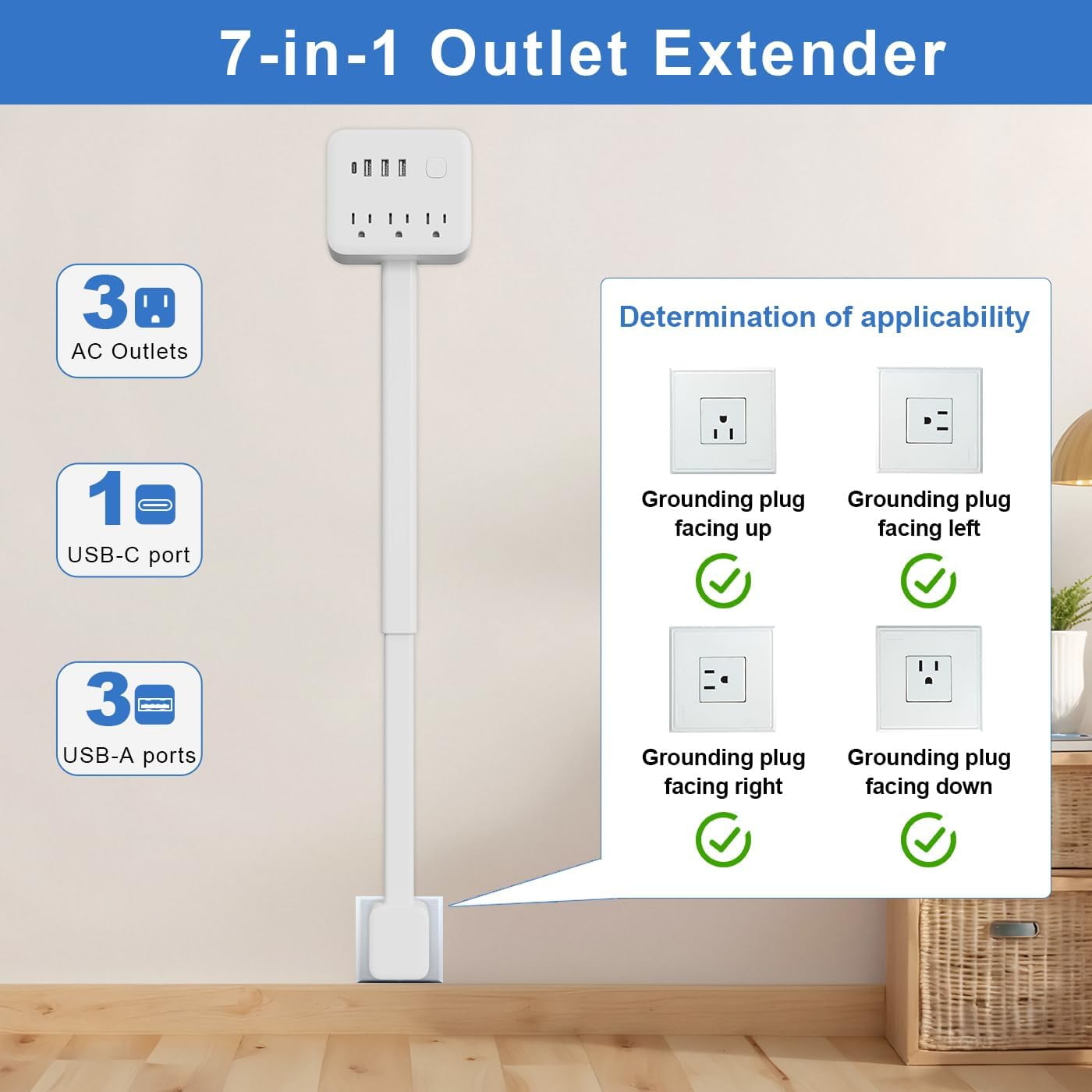 Electrical Outlet Extender Stick, 360° Rotating Surge Protector Power Strip with 3 AC and 4 USB Ports, Multi Plug Wall Outlet Splitter for Behind Couches, Nightstands, Desks, Indoor Office Home