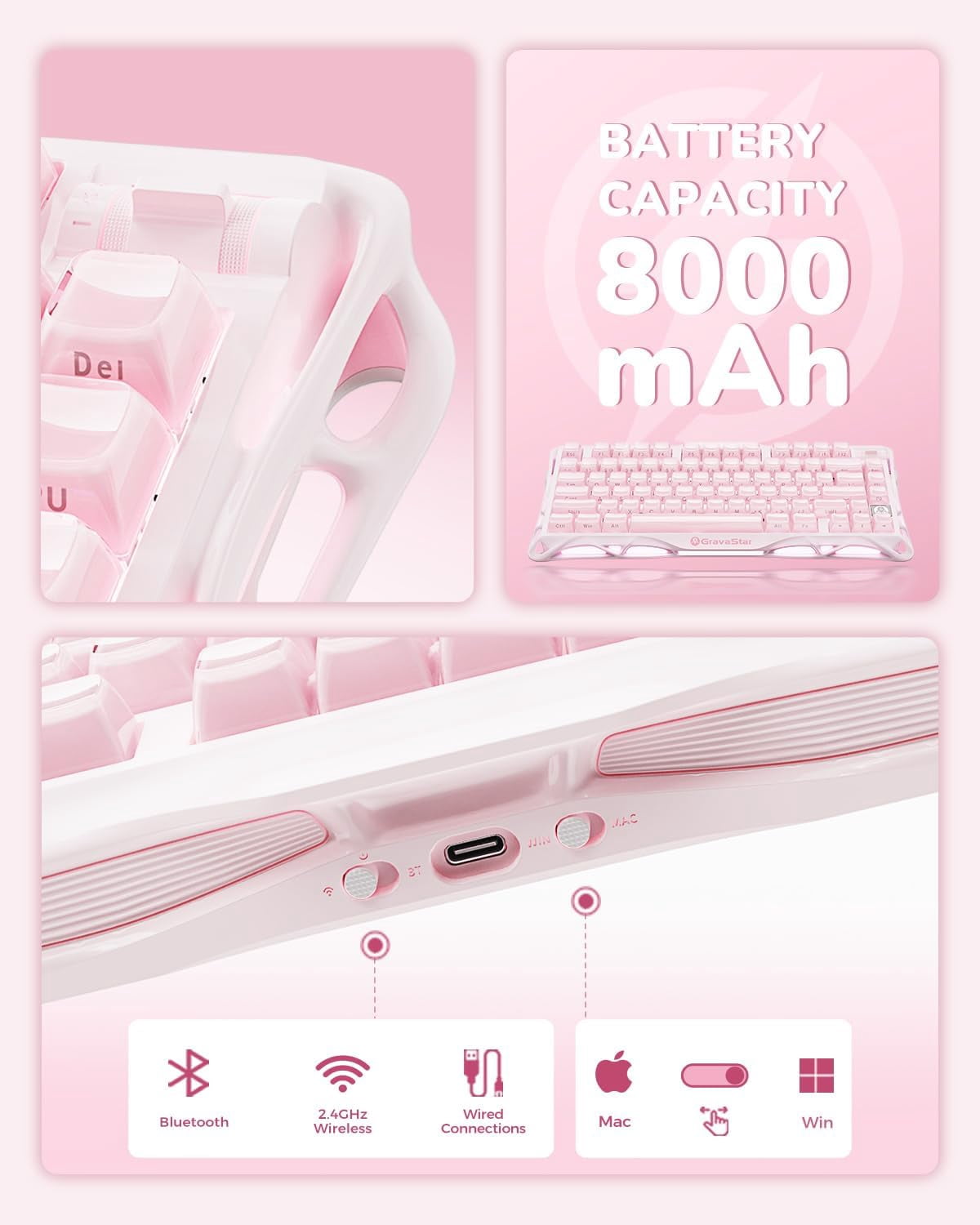 GravaStar Mercury K1 75% Wireless Mechanical Keyboard, Gasket Mount, 8000mAh Battery, Kailh Cherry Pink Linear Switches, RGB Lighting - Sakura Pink