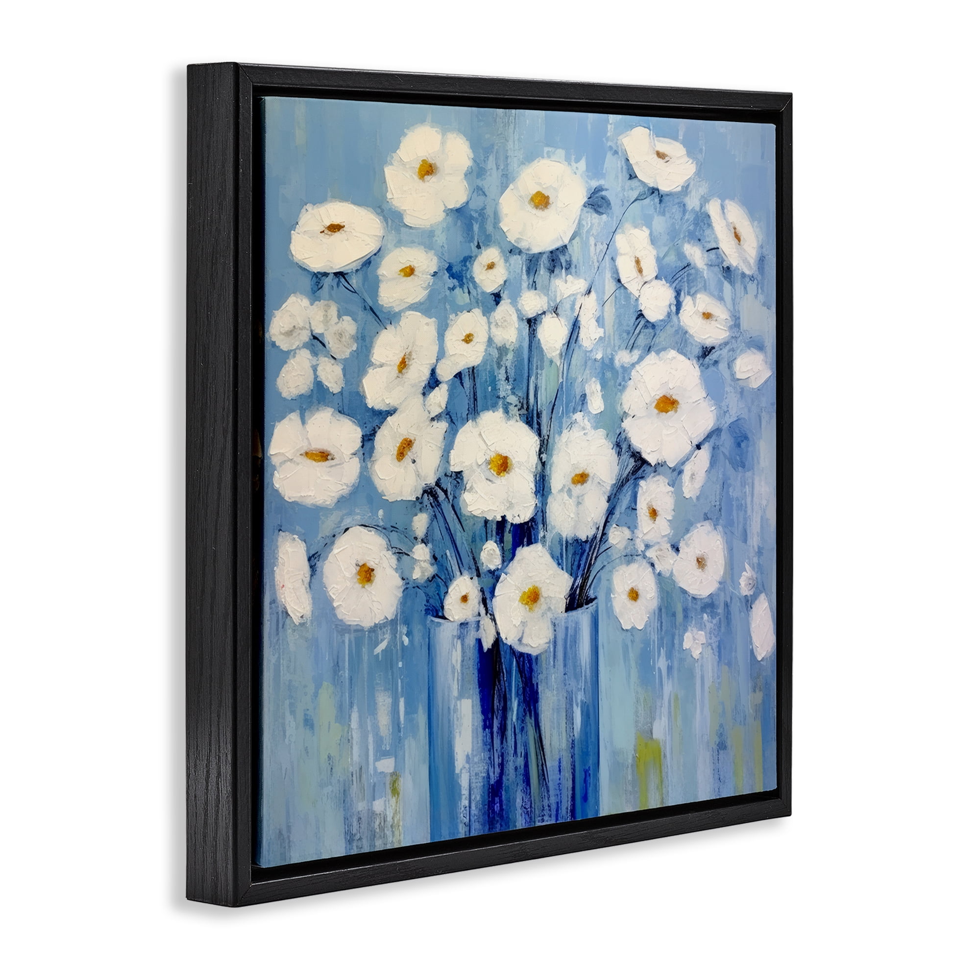 Stupell Industries Bold Blooms on Blue Plants & Flowers Painting Black Floater Framed Canvas Art Print Wall Art, 25 x 25