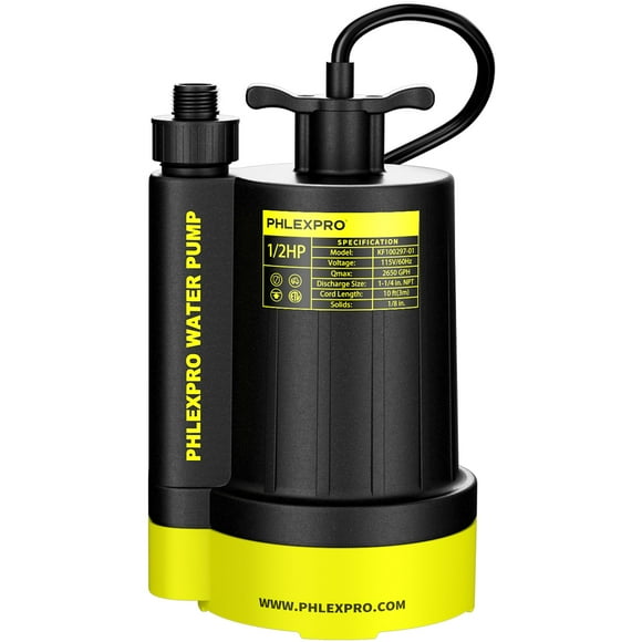 PHLEX PRO 1/2HP Sump Pump Submersible, 2650 GPH High Flow Utility Water Pump Electric, Efficiently Water Removal for Basement, Garden, Swimming Pool, Hot Tubs, Flooded House (RyobiGreen)