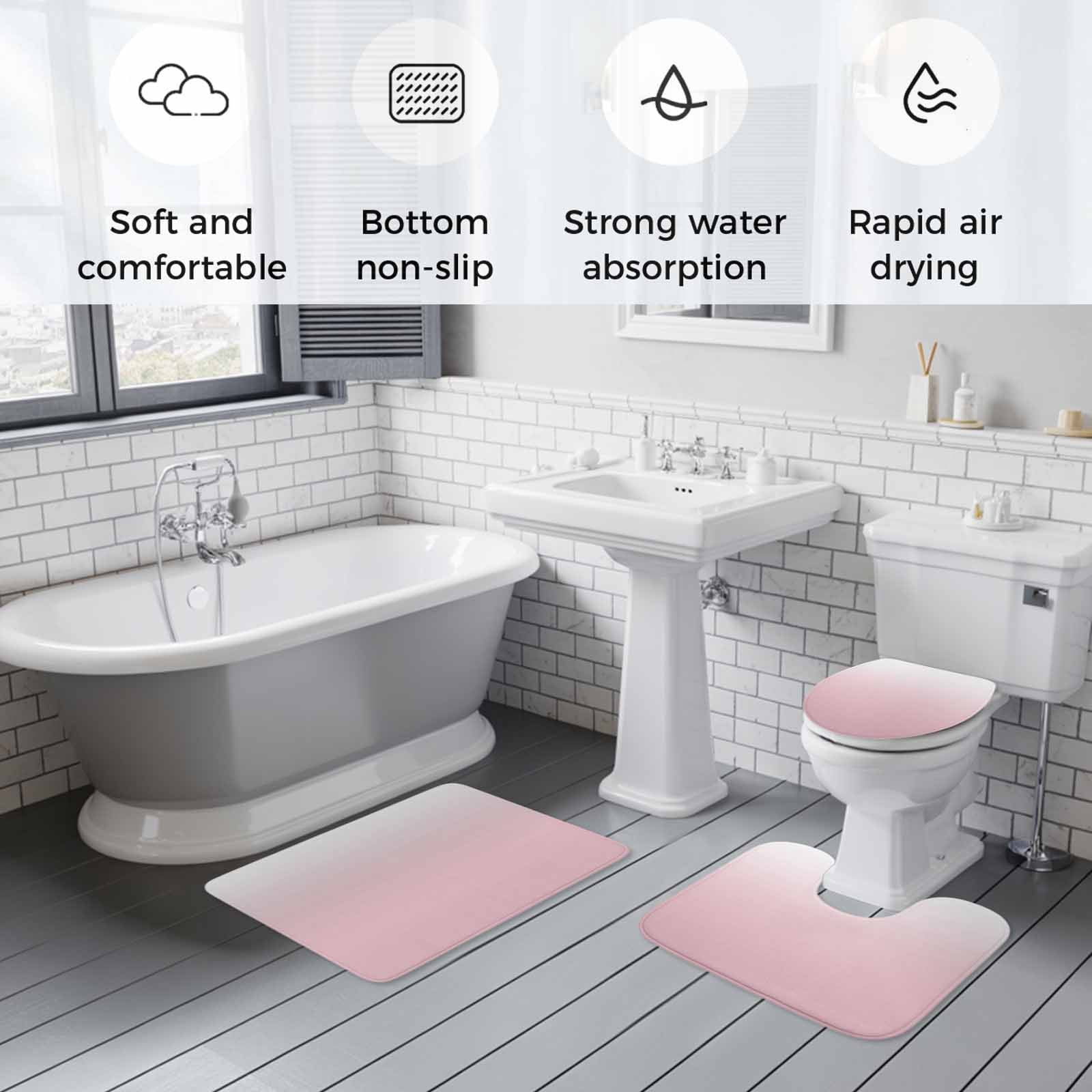 Pink White Ombre Bath Mat 3 Piece Bathroom Rug Set, Pink Gradient Color Modern Abstract Art Non Slip Bath Rug Contour Mat and Toilet Lid Cover, Absorbent Shower Mats Soft Bath Rugs and Mats Sets