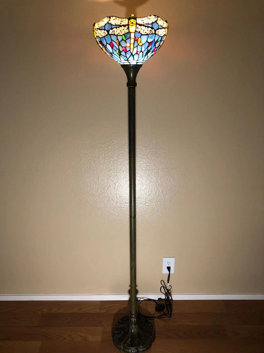 Tiffany Torch Floor Lamp Blue Stained Glass  Dragonfly LED Bulb Included For Living Room Bedroom 12"W*12"D*66"H