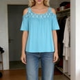 thumbnail image 2 of Uaswgudfs Women's Casual Cold Shoulder Off Shoulder Open Shoulder Shirt Lace Spliced Short Sleeve Loose Fit Blouse Blue 2XL, 2 of 6