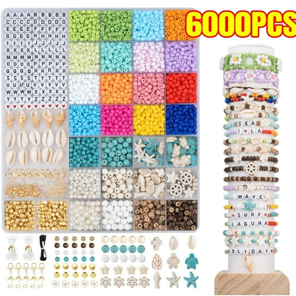 6000pcs 4mm Glass Bead Bracelet Making Kit, Beach Beads for Bracelets, Beach Beads for Jewelry Making Kit with Letters