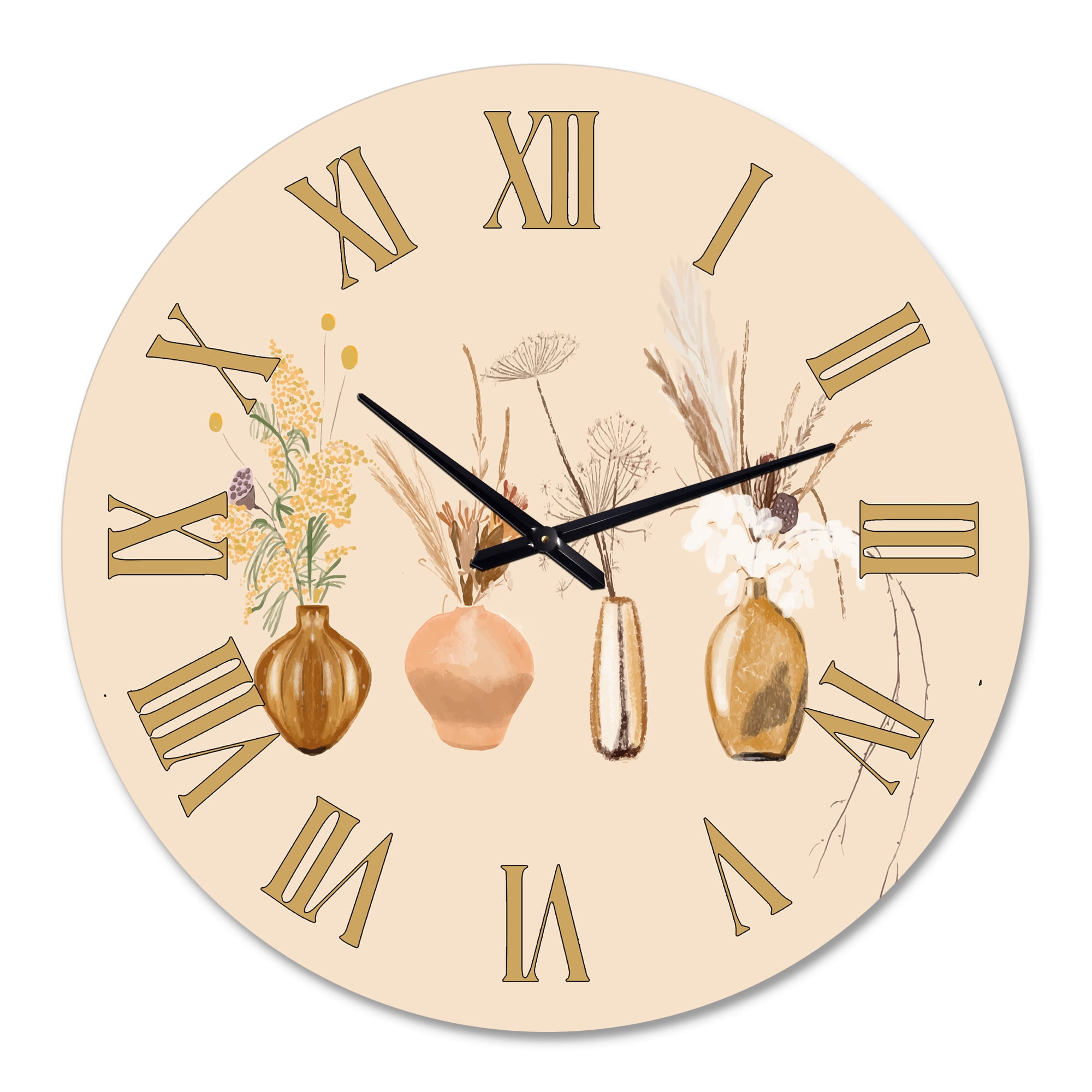 Designart 'Bouquets Of Wildflowers In Gold Vases Ii' Traditional Wall Clock