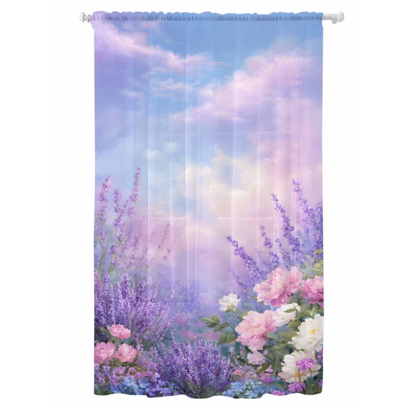 Sheer Curtains 84 Inches Long, Purple Lavender Semi Sheer Curtains Light Filtering Window Treatment, Spring Watercolor Country Wildflowers Privacy Voile Drapes for Living Room Bedroom 52x84 Inch