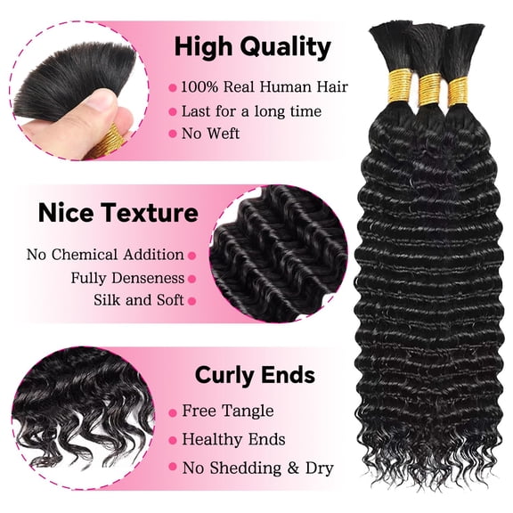 JINYUN-Human Braiding Hair Deep Wave Bulk Human Hair Braiding 3 Bundles/Pack 110g 14 Inch No Weft Brazilian Virgin Curly Human Hair Extensions for Boho Braids Wet and Wavy Human Braiding Hair
