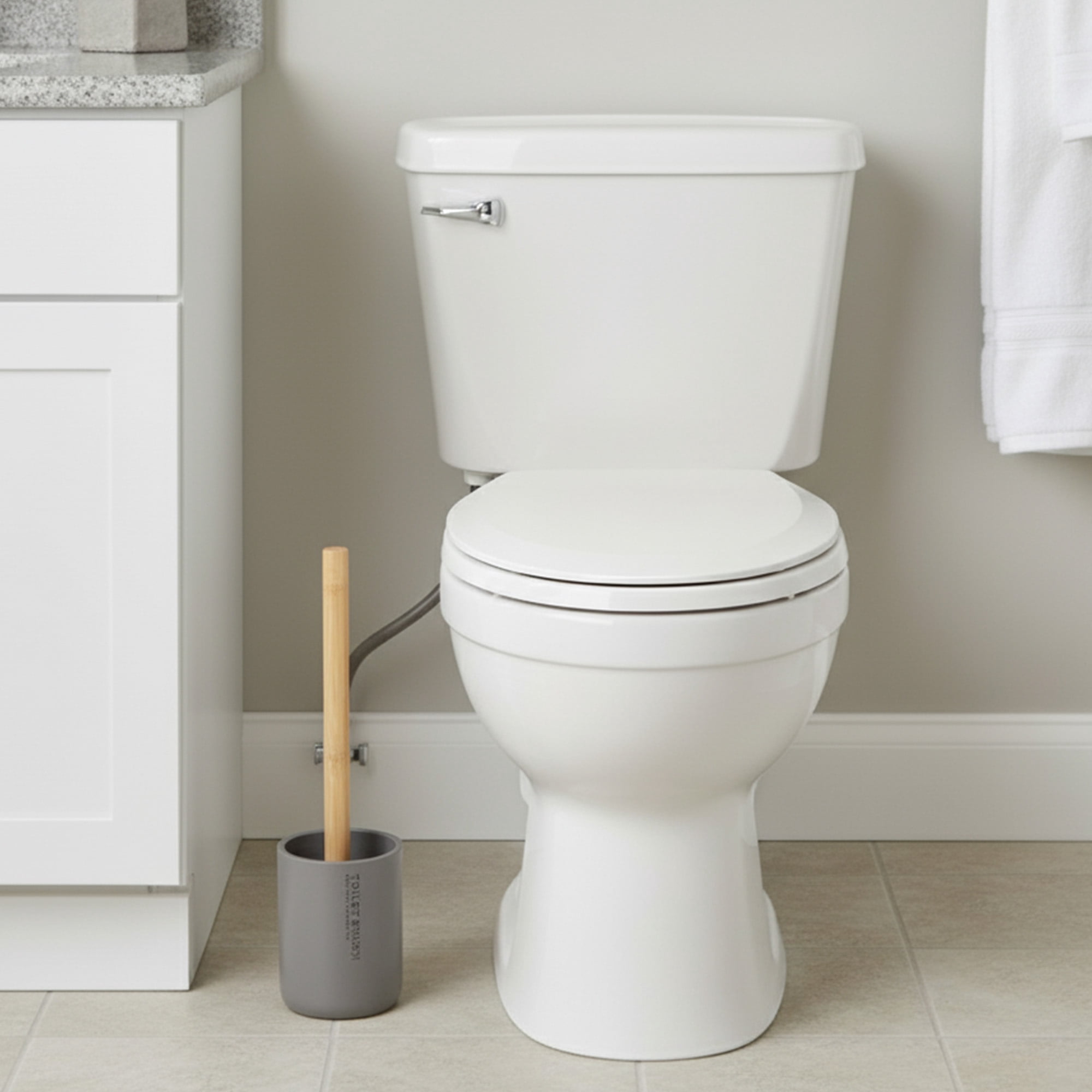 Modern Matte Gray Toilet Brush Set with Natural Bamboo Handle - Polyresin Bathroom Cleaning Accessory