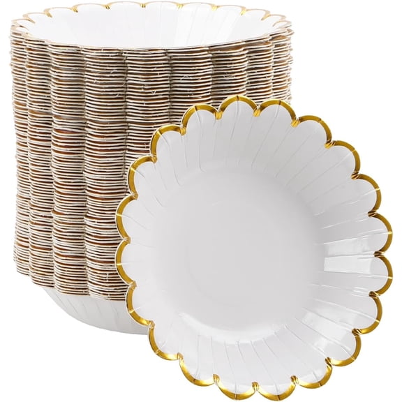 Gold White Disposable Paper Bowls with Foil Scalloped Border,20oz Party Serving Bowls for Daily Meal Soup Morning Cereal For Wedding,Birthday and Home Party,30pcs