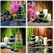 Spa Bathroom Decor Stone Wall Panels, Zen Wall Art for Yoga Meditation Calming and Relaxing, Bamboo Candle Phalaenopsis and Stone Pictures for Office Bedroom Living Room (12x12in, 4 Panels)
