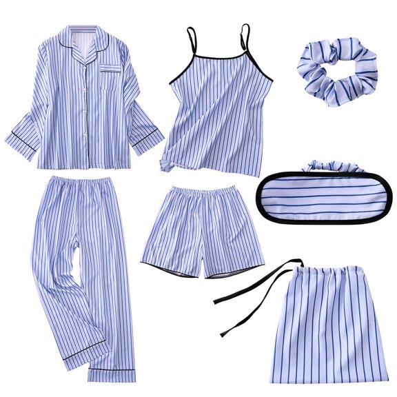 BLVB Women's 7 Piece Satin Pajama Sets Soft Striped Sleepwear Cami Pjs with Button down Long Sleeve Shirt with Eye Mask