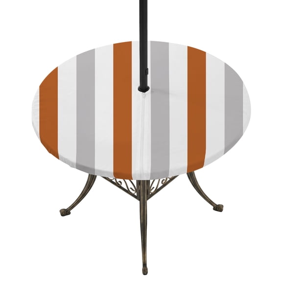 Burnt Orange Grey Stripe Round Outdoor Tablecloth with Umbrella Hole Zipper, Modern Farmhouse Vertical Striped Elastic Fitted Table Cover, Waterproof Table Cloth for Patio Picnic Party Fits 54"-60"