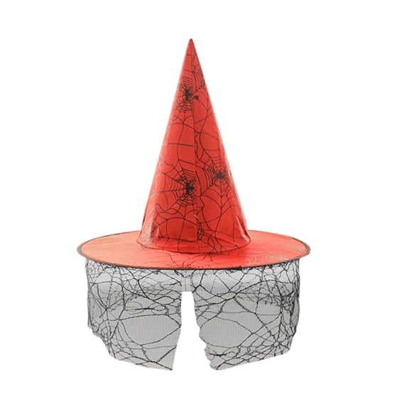 Halloween Witch Hat Oxford Fabric with Mesh Netting, Pointed Cone Costume Hat with Wide Brim, Wizard Headwear for Party Dress Up Cosplay Event Red