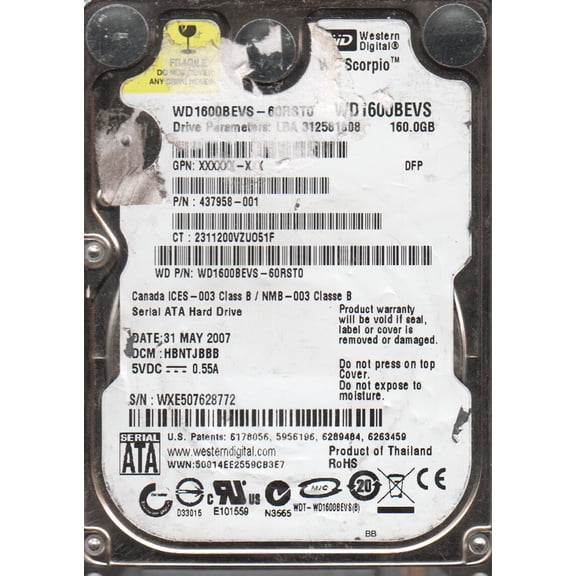 WD1600BEVS-60RST0, DCM HBNTJBBB, Western Digital 160GB SATA 2.5 Hard Drive