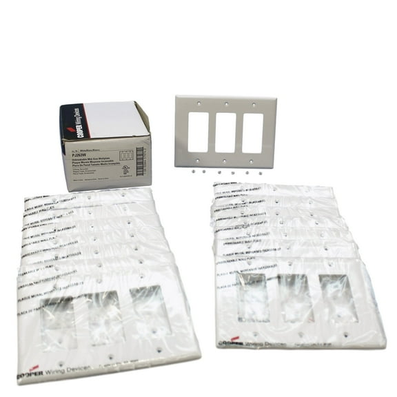 Cooper Wiring Devices PJ263W 3-Gang Decorator GFCI Rocker Switch Wall Plate, Unbreakable Polycarbonate, Mid-Size, White (Pack of 15)