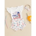 thumbnail image 6 of Yunliwuli Baby Girl 4th of July Outfit Letter Flying Sleeve Romper with Fireworks/Flag Pattern Shorts and Headband 3Pcs Outfit, 6 of 10