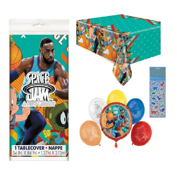 Space Jam Birthday Party Supplies Bundle includes 5Pc Balloon Set, 1 Plastic Tablecover, 1 Dinosaur Sticker Sheet